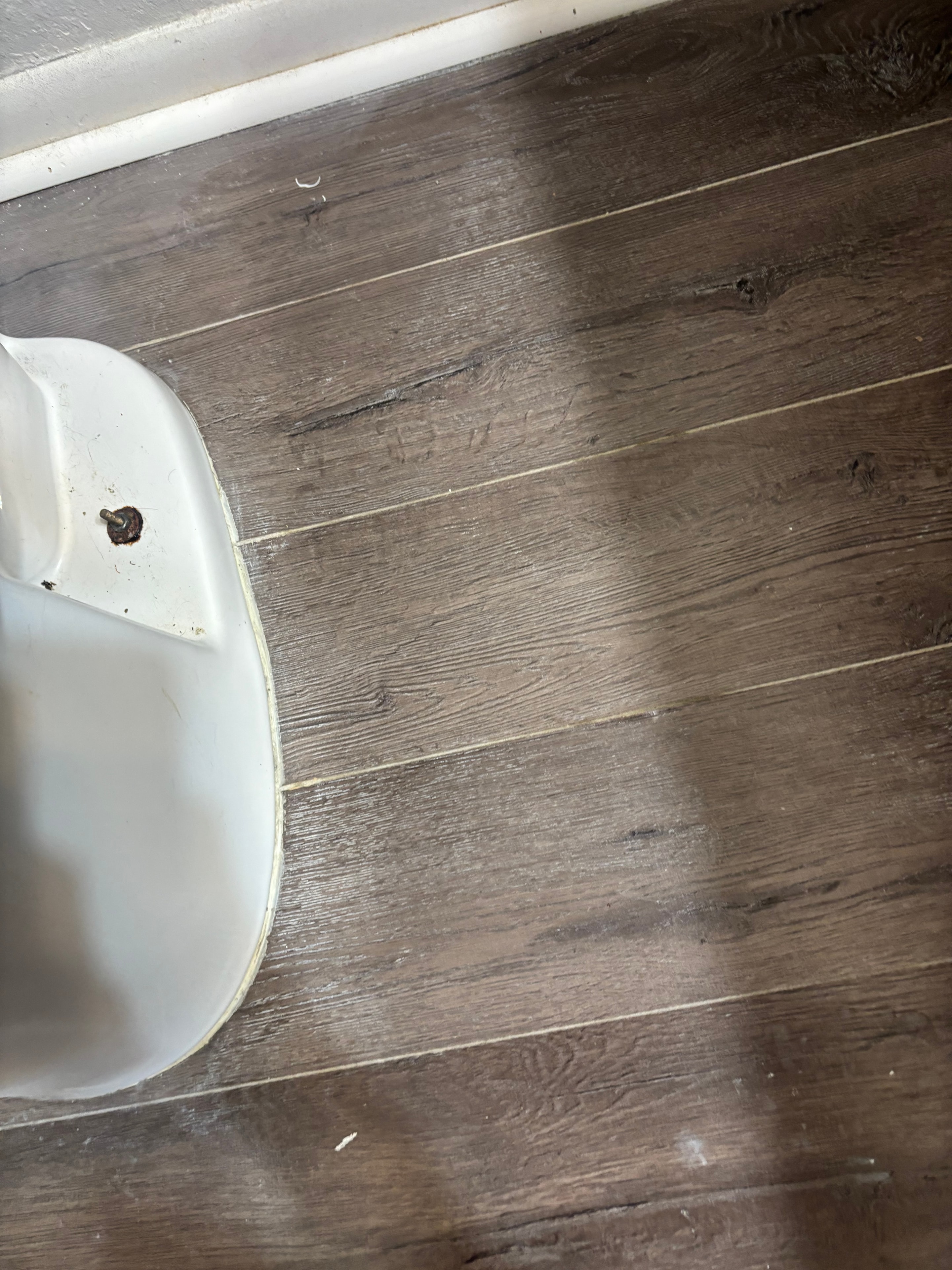 Dirty bathroom floor around toilet base before cleaning