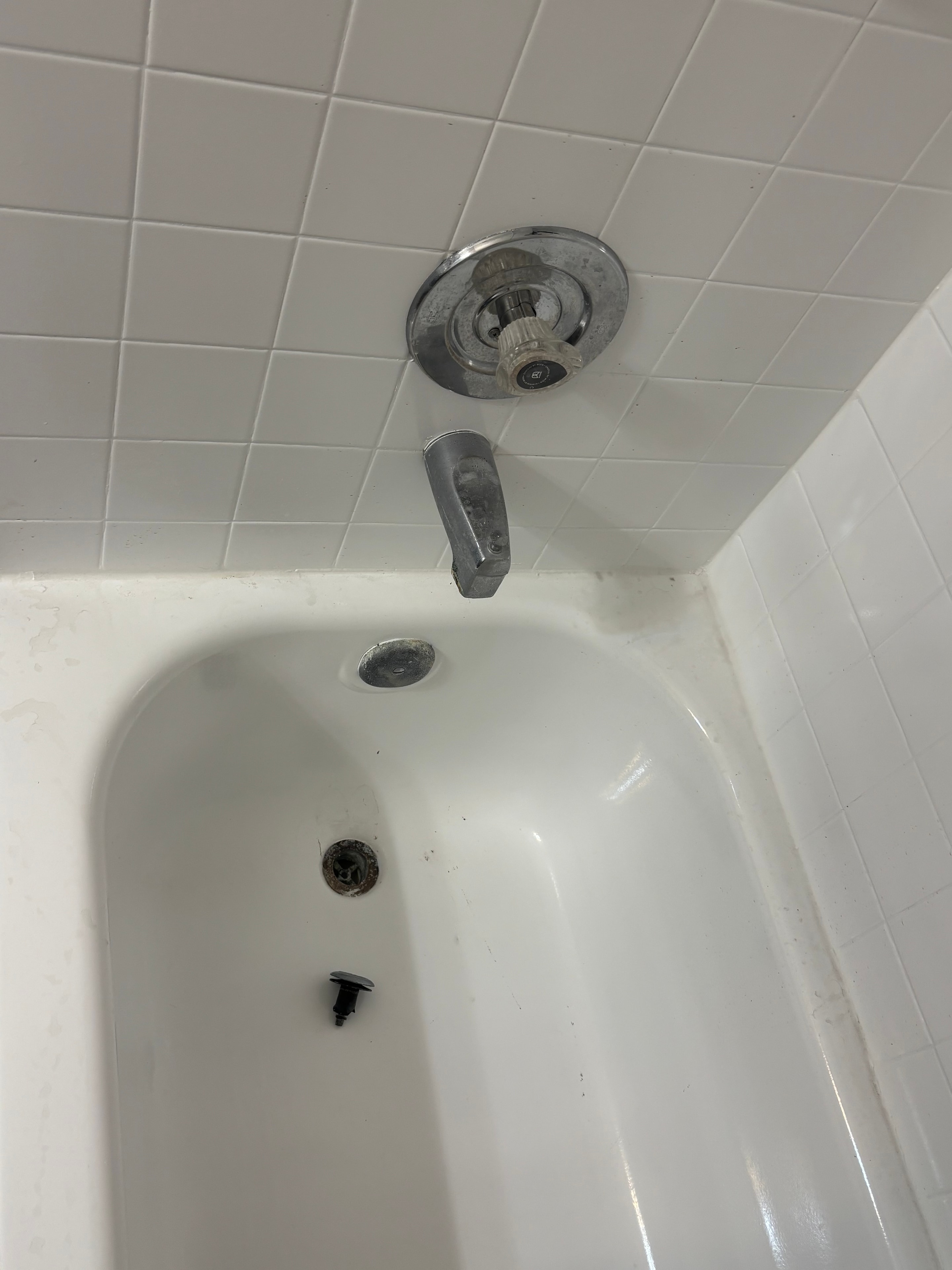 Bathtub grimy with corroded drain before cleaning